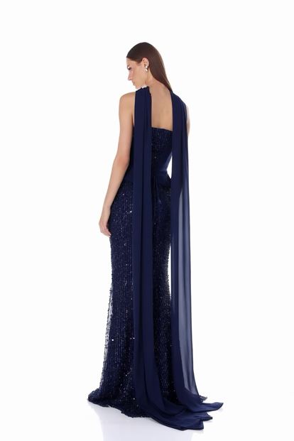 Dunkelblaues Satin Bustier Top Pailletten Meerjungfrau Abend Set